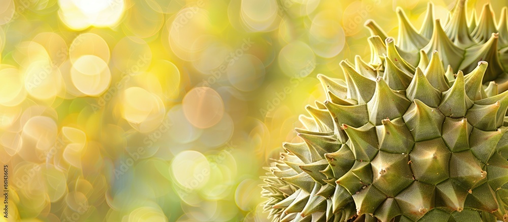 Poster detailed closeup image of a durian, known as the 'king of fruit', with copy space image.