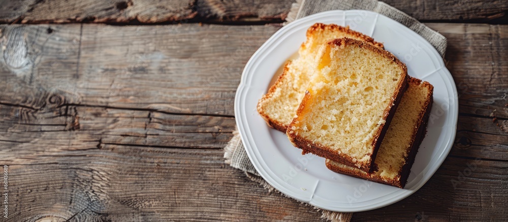 Aufkleber delectable homemade pound or butter cake slices on a white plate, displayed on a rustic wooden table