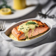 Rosemary roasted salmon served with lemons, topped by mustard rosemary sauce, grilled salmon steak served with fresh herbs, lemon and honey mustard sauce. Lunch in restaurant.