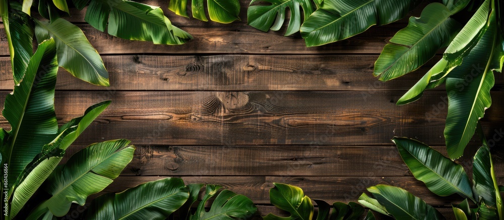 Aufkleber Copy space image with banana leaves as a frame on a wooden background for adding text.