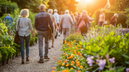 A group of senior citizens admired the thriving community garden with a variety of plants.