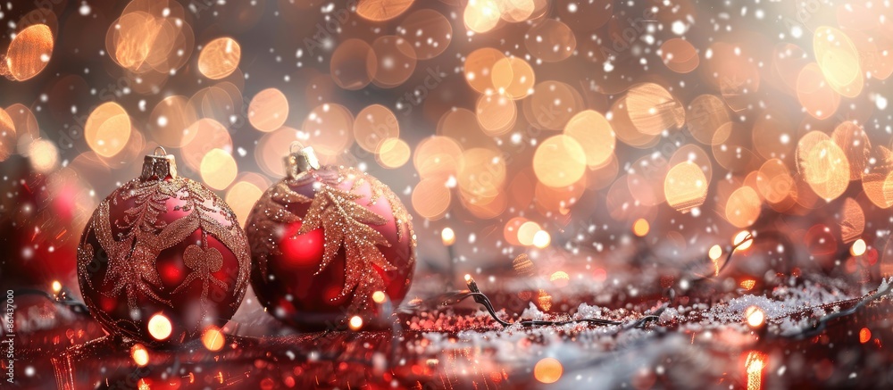 Poster christmas decorations beautifully displayed on a glittery abstract background with copy space image.