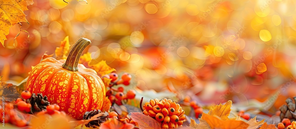 Poster an autumn-themed arrangement with colorful leaves in the background, with copy space image available