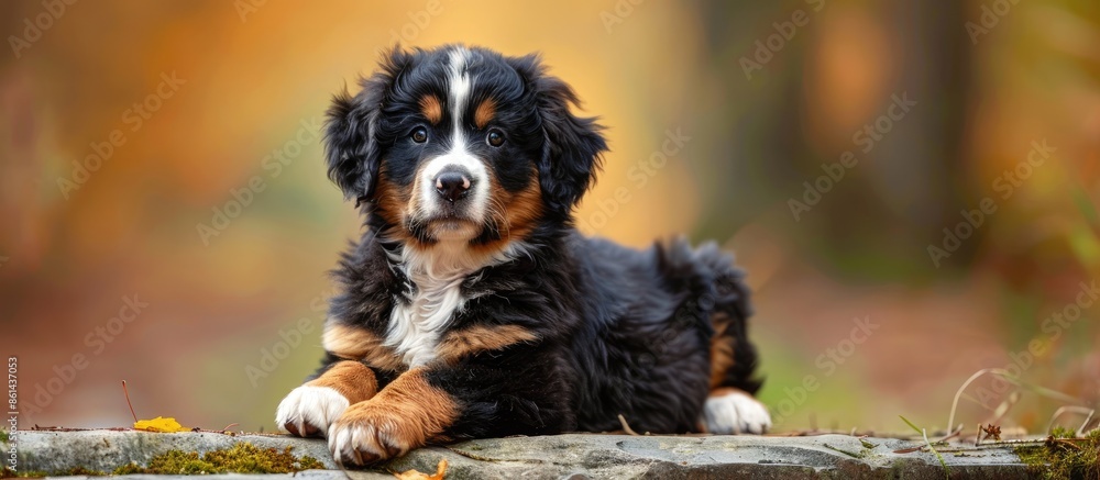 Poster Bernese mountain dog puppy portrayed in a natural setting with ample copy space image available.