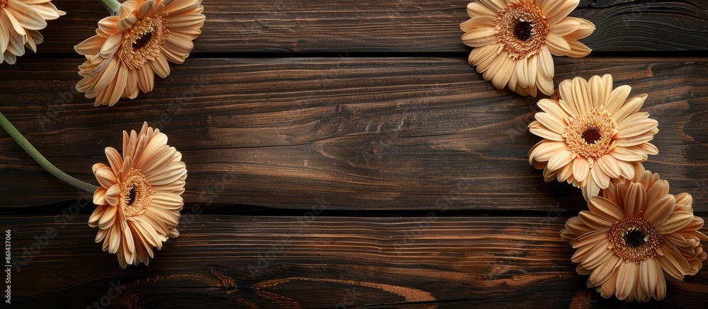 Poster Close-up beige gerbera flowers creating a border on a dark wooden table background with copy space image.