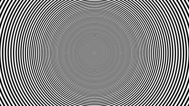 Speed ​​laps with decreasing speed. Magical and hypnotic black and white rings. Distance effect. Animated video.
