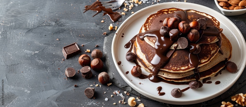 Poster chocolate and hazelnut pancakes on a white plate against a concrete background with a slate backdrop