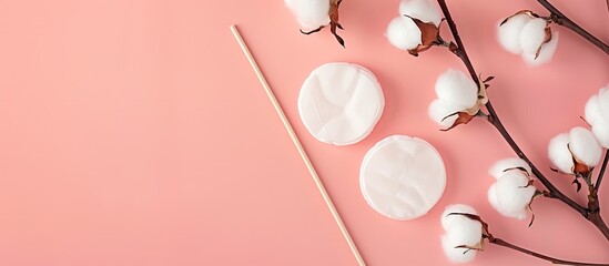 Cotton pads and ear sticks with cotton flower on a pink background, illustrating a concept of skincare for face and body with a blank area for additional imagery.