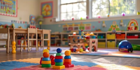 Vibrant daycare classroom filled with educational toys and materials. Concept Daycare Environment, Educational Toys, Colorful Classroom, Child Development, Learning Environment