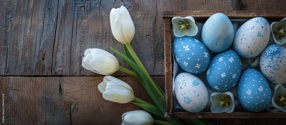 Poster colorful easter eggs in blue and white hues alongside white tulips placed in a wooden box, creating 
