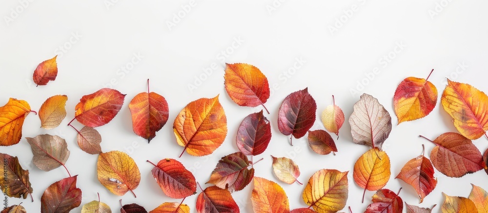 Poster Autumn leaves in vibrant colors and gold tones forming a border on a white background in a flat lay composition with a top view. Includes copy space image.