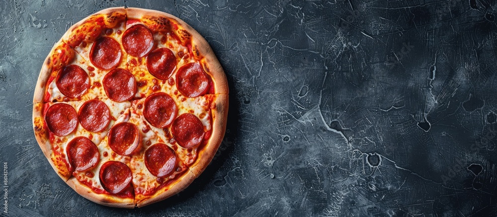 Aufkleber delicious pepperoni pizza displayed from above on a dark concrete backdrop with space for additional