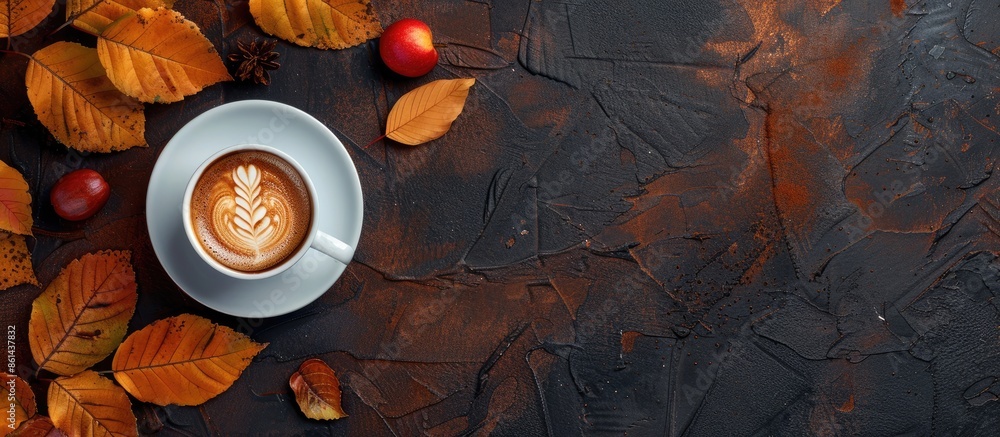 Poster Autumnal decor as a backdrop for espresso in a composition with copy space image.
