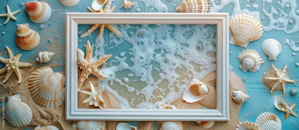 Poster Copy space image of a picture frame set against a backdrop of shells and sand.