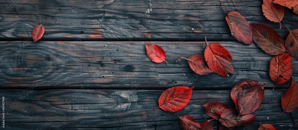 Poster autumn leaves on a wooden surface backdrop with ample copy space image.