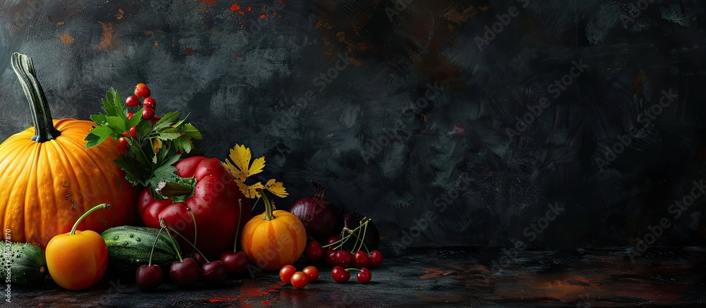 Poster assorted fruits and vegetables like pumpkins, bell peppers, cucumbers, and cherries displayed on a d