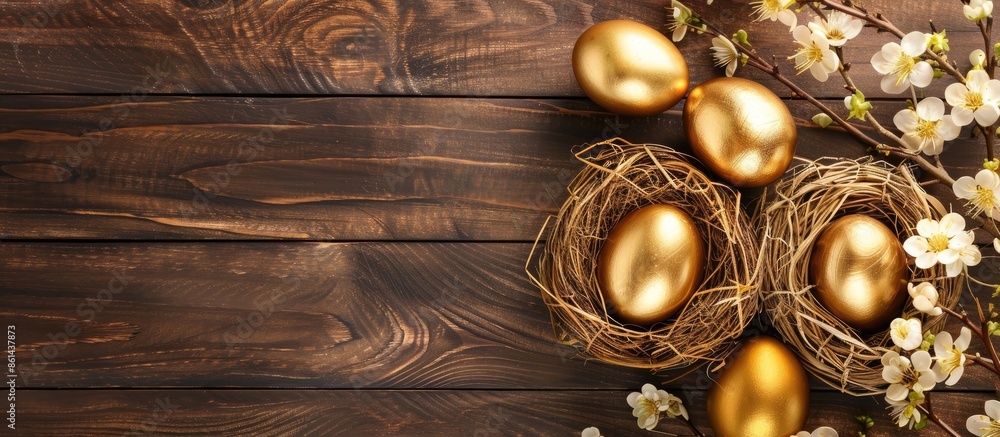Poster easter-themed arrangement featuring golden eggs and nests on a blank card with a copy space image.