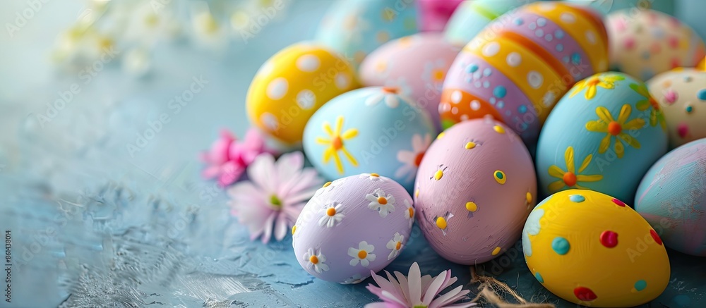 Poster close-up of vibrant easter eggs with copy space image.