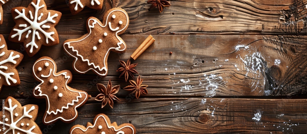 Poster Delicious gingerbread cookies displayed on a rustic wooden backdrop with copy space image.