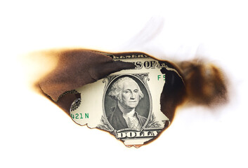 one dollar in the burned hole of paper isolated on white background