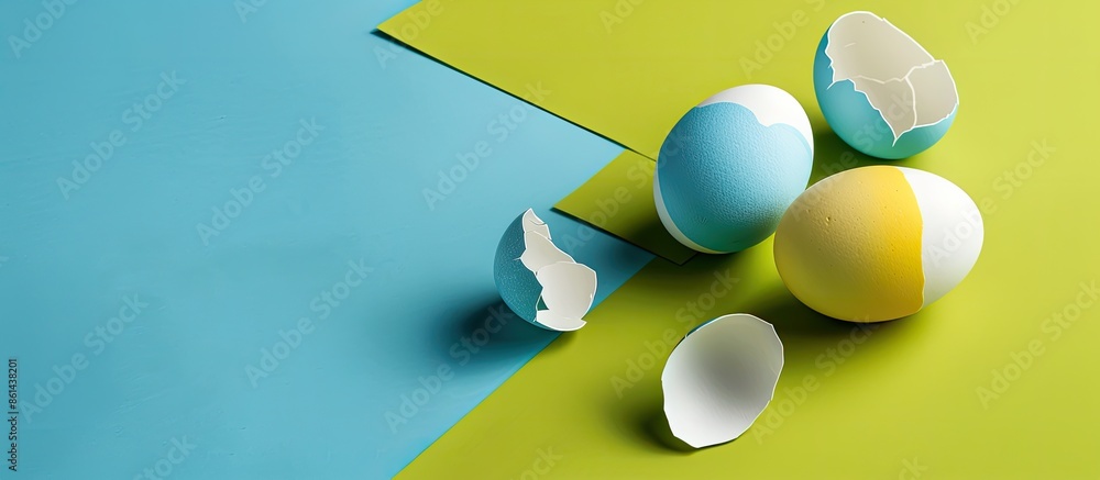 Poster easter-themed with white and yellow eggshells and a whole blue egg against a blue and green backdrop