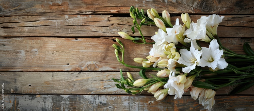 Poster copy space image featuring a beautiful posy of fresh freesia flowers on a rustic wooden table backgr