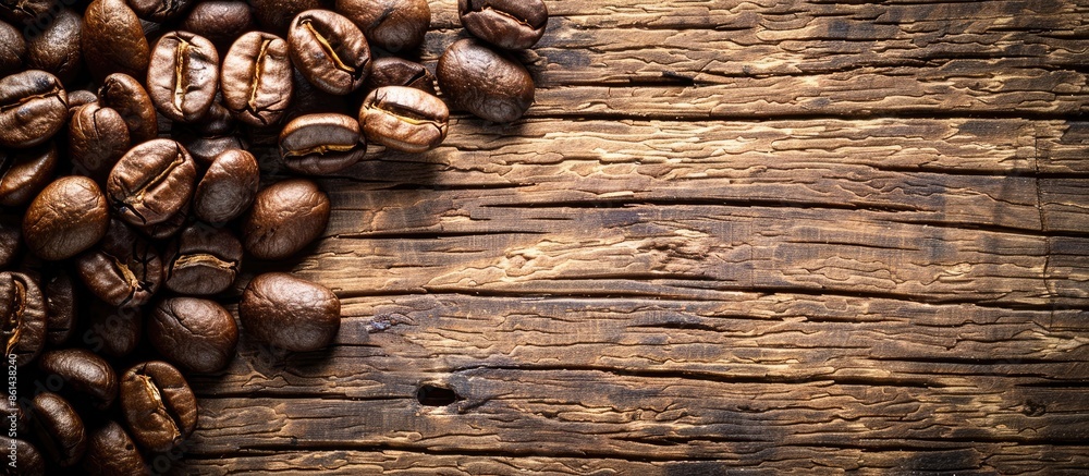 Poster Coffee beans roasted and displayed on a wooden surface with room for additional images are available in the copy space image.