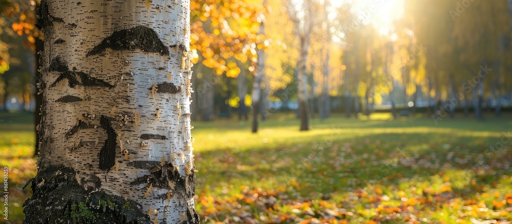 Poster Birch tree trunk with a park in the background creating a copy space image.