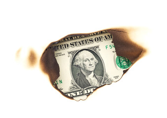 one dollar in the burned hole of paper isolated on white background