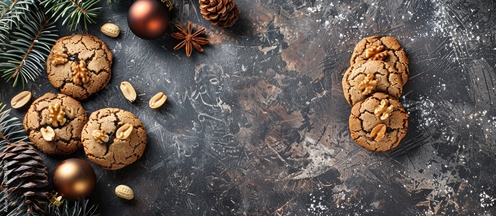 Poster christmas cookies featuring caramel, peanuts on a stone surface. top view with copy space image.