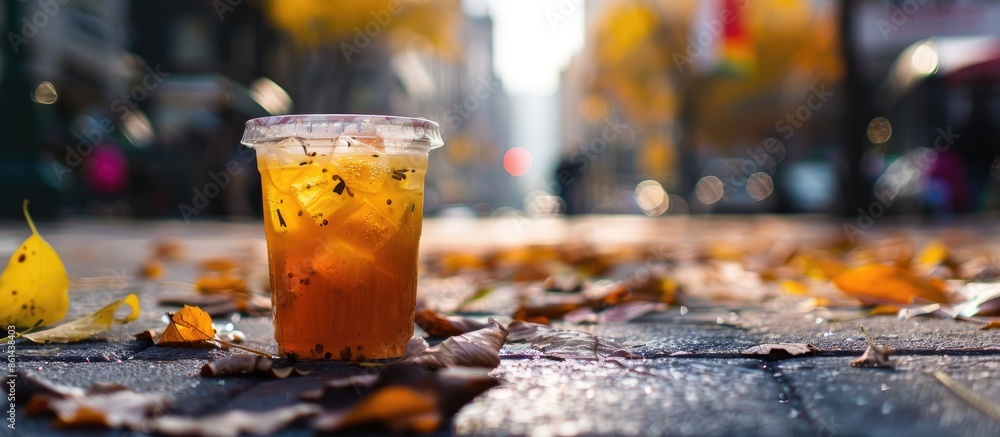 Poster essential fall beverages enjoyed on city streets, featured in copy space image.