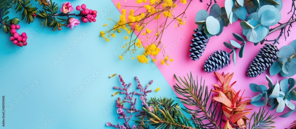 Poster Floral arrangement and forest elements adorn colored backdrop in a composition with copy space image.