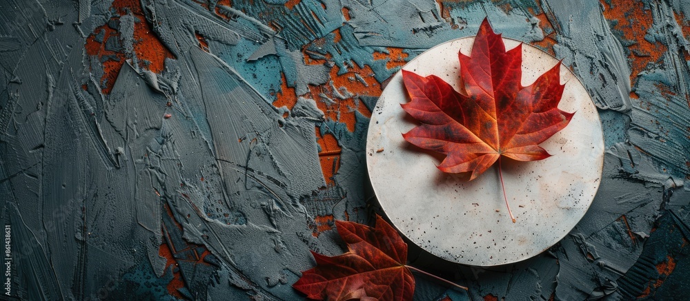 Poster Autumn leaves displayed with a circular empty card set against a textured grey background in a copy space image.