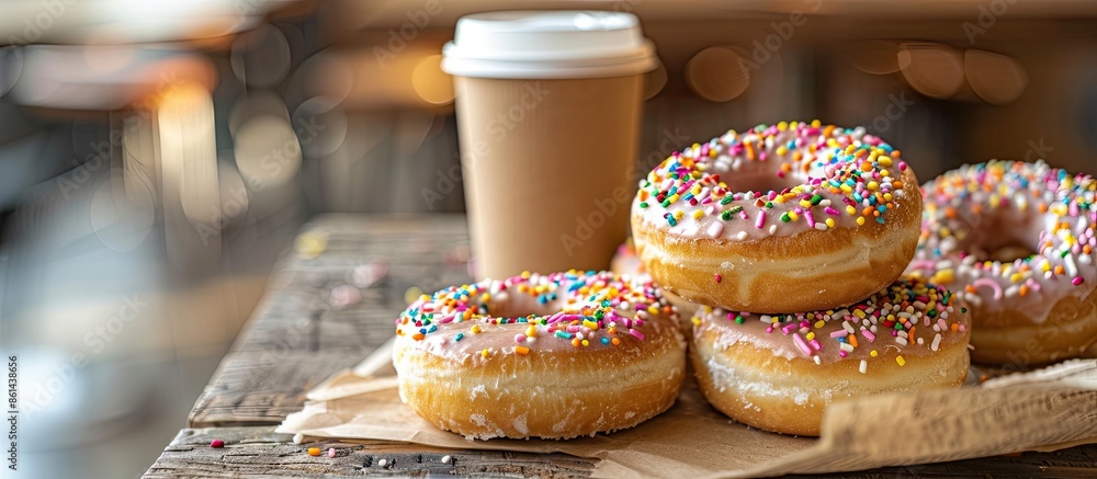 Aufkleber delectable doughnuts topped with sprinkles, resting on a wooden table with a paper cup nearby, creat