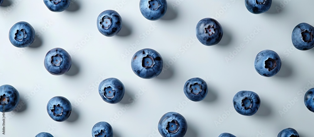 Aufkleber blueberries arranged on a white surface with room for text; view from above. image with copy space