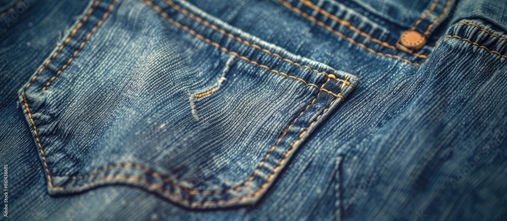 Poster close-up image of blue jeans background with a focus on the pocket and label, creating a fashion-the