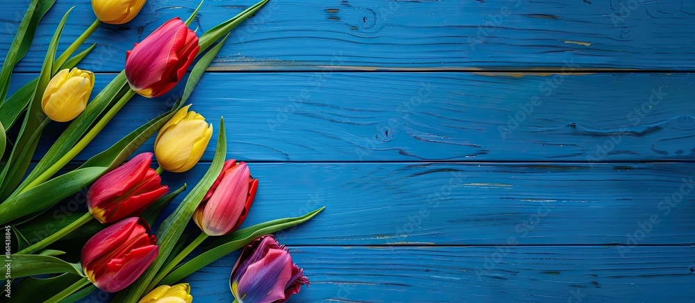 Poster close-up view of a vibrant bouquet of multicolored tulips on blue wooden boards with copy space imag