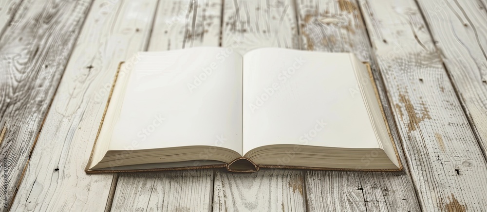 Poster Blank square book lying open on a light wood table with copy space image.