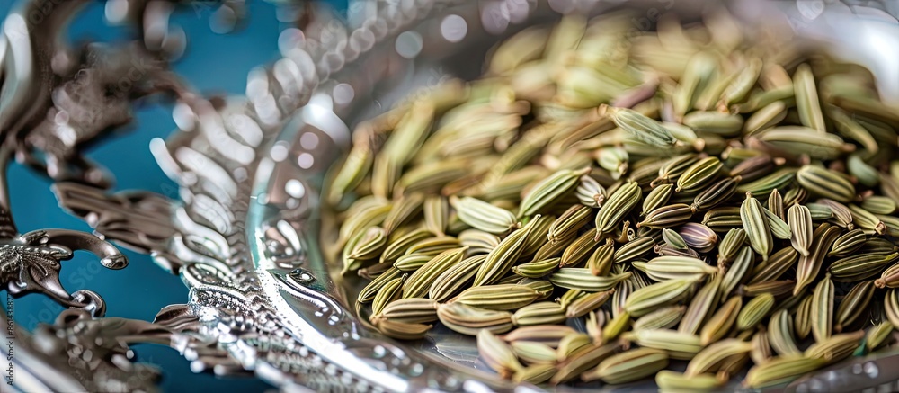 Aufkleber close-up view of fennel seeds displayed on a shiny silver plate, with a clear background for a copy 