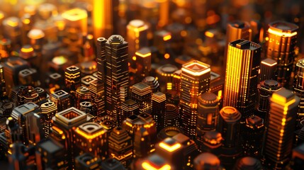 A futuristic cityscape made of glowing gold coins, with skyscrapers and streets illuminated in the style of golden light