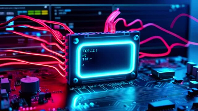 A glowing blue rectangular device with pink wires attached to it sits on a circuit board with other electronic components.