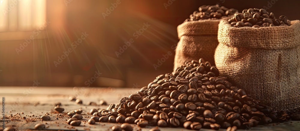 Poster Coffee bean-filled bags displayed against a gently lit backdrop create an inviting copy space image.