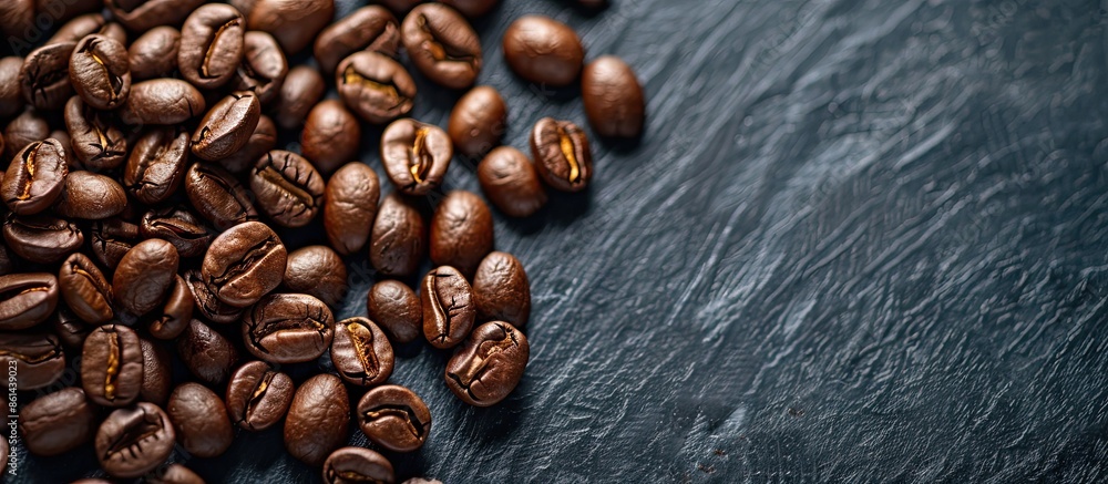 Poster Close-up image of coffee beans on a black mirror background with copy space image.