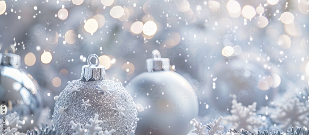 Poster Festive decorations like balls and snowflakes set against a sparkling silver background creating a Christmas-themed copy space image.