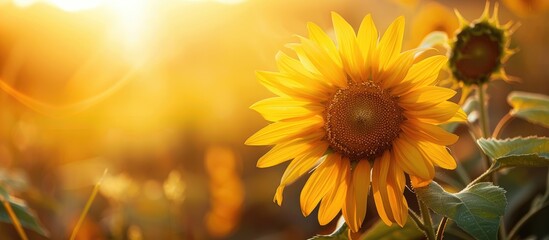 Obraz premium Close-up of a vibrant yellow sunflower blossoming in a field during sunset, providing a colorful and symbolic copy space image.