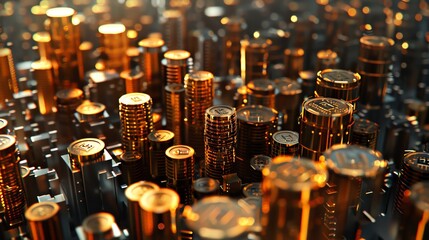 A futuristic cityscape made of glowing gold coins, with skyscrapers and streets illuminated in the style of golden light