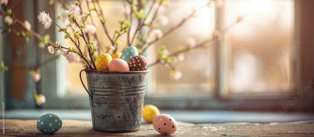 Poster easter-themed decorations featuring a selective focus, including decorative eggs in a bucket, with s