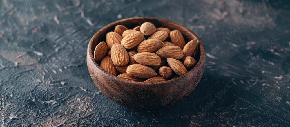 Poster almonds in a dark wooden bowl on a slate table for healthy diet concept with available copy space im