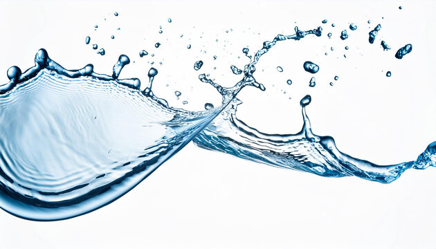 vague d'eau bleu transparent de côté, éclaboussure, goutte, fond blanc