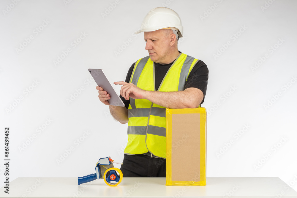 Poster man warehouse manager. packer holding tablet computer. warehouse employee. storekeeper guy with box 